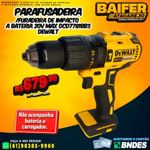 Parafusadeira Furadeira de Impacto a Bateria 20v Max DCD7781BB3 Dewalt