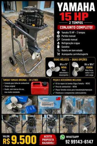 Motor de Popa Yamaha 15 HP 2T Completo + 2 Hélices + Tanque 24L + Carrinho