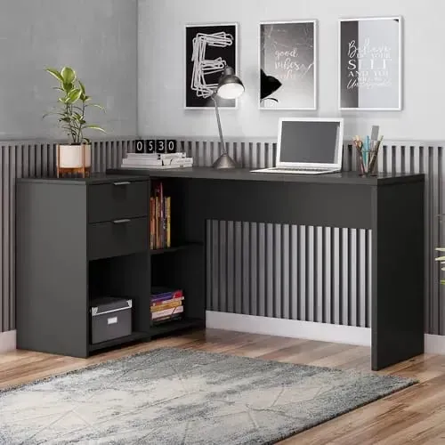Escrivaninha de Canto Preta com Prateleiras