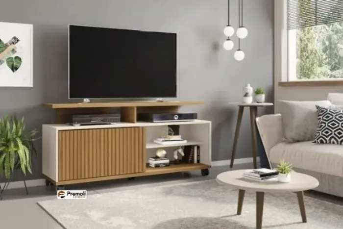 Rack para TV Topázio 1 Porta Cinamomo/Off White/Ripado - Bechara