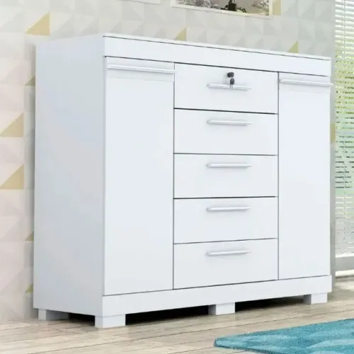 "Funcionalidade e Estilo: Cômoda Diana 100% MDF com 5 Gavetas, 2 Portas e Sapateira Integr