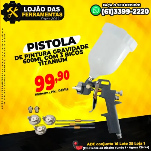 Pistola de Pintura Gravidade 600ml Com 3 Bicos Titanium