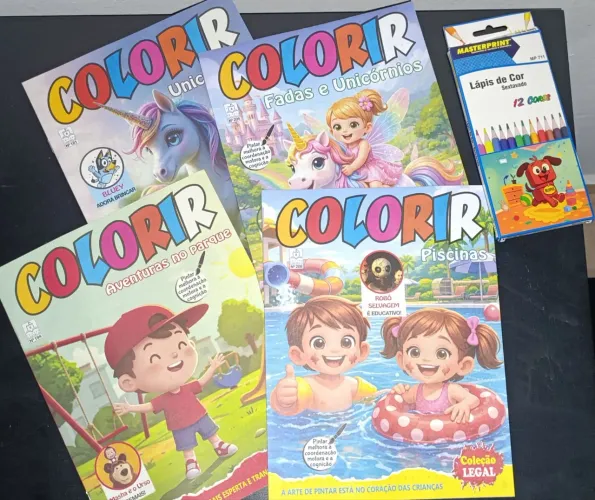 4 revistas para colorir + lápis de cor