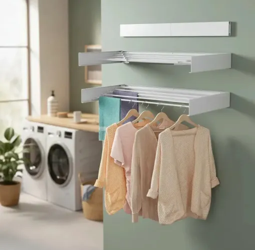 Varal Parede Oculto Retrátil Dobrável 120cm Branco 7 Varetas