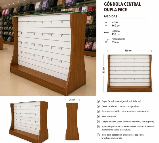 Gôndola central dupla face com painel de mdf para suportes de gancho para comércios
