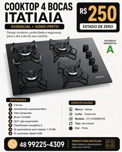 Cooktop Itatiaia Essencial 4 Bocas - R$ 250