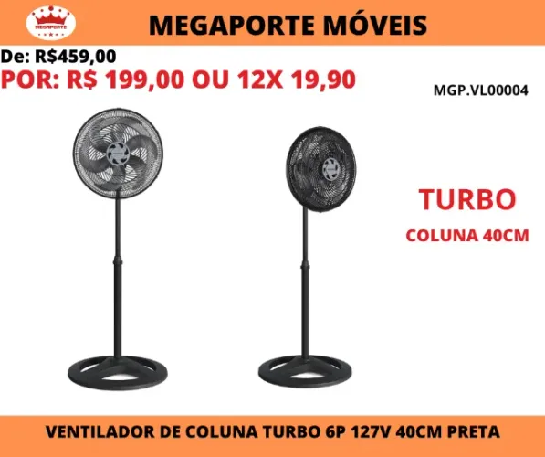 Ventilador de Coluna Turbo 127V 40CM 6Pás Ventisol