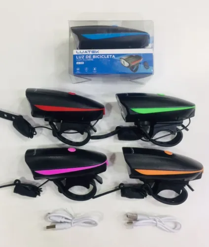 Farol Lanterna para Bike LUATEK LK-025 - Recarregável USB - Com Buzina/Alarme 
