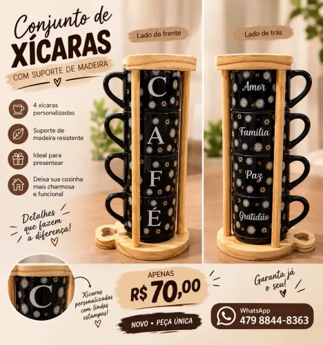Conjunto 4 xícaras com suporte