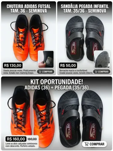 Kit Calçados Infantis Seminovos (Adidas Tam. 36 + Pegada Tam. 35/36) - Oportunidade