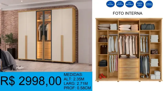 Roupeiro c/ led e porta joias incluso alt:2,35m larg:2,71m - frete grátis!