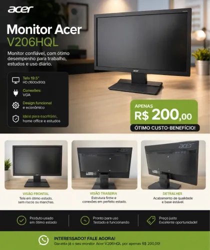 Monitor Acer V206HQL 19,5? LED - 60Hz - VGA - R$ 200
