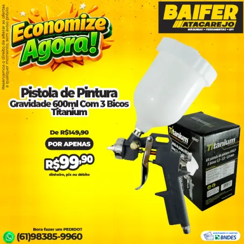 Pistola de Pintura Gravidade 600ml Com 3 Bicos Titanium