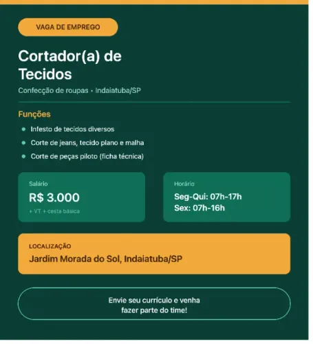 Cortador(a) de Tecidos - Confecção (Infesto e Corte) - Indaiatuba/SP