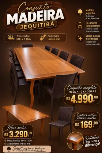 Mesa de madeira jequitibá com acabamento imbuia mel 3.00x2.10m com 10 cadeiras rattan