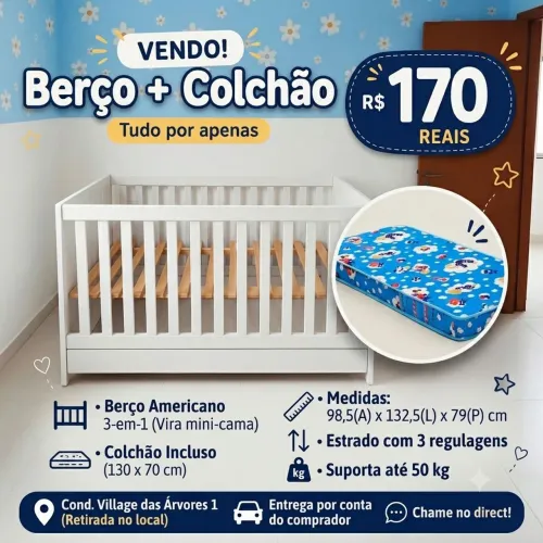 Berço 3 em 1 + colchão