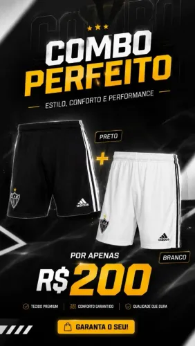 Conjunto Atlético-MG 2 Shorts adidas Preto + Branco