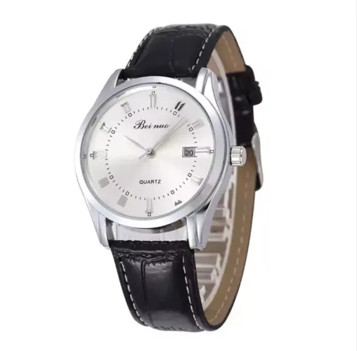 Relógio de Pulso Fashion Caixa Prata Pulseira Preta Boa Qualidade Ponteiros Prata Promo