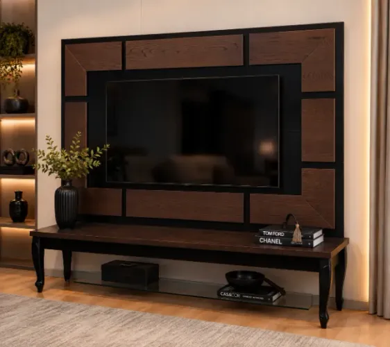 Painel e Rack Preto Rudnick com Pés Laqueado em Madeira Maciça