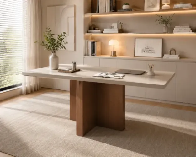 PROMO! Mesa moderna com tampo de vidro e base em madeira 