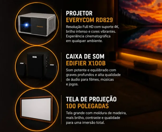 KIT HOME CINEMA PREMIUM - PROJETOR EVERYCOM RD829 + TELA 100" + EDIFIER X100B
