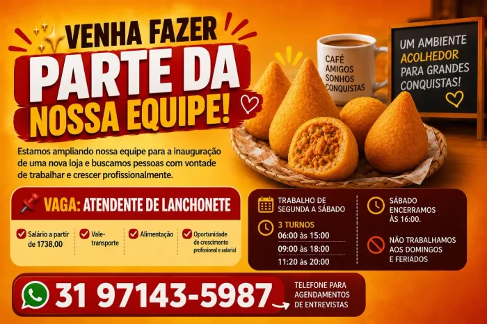 VAGAS PARA ATENDENTE DE LANCHONETE CENTRO BH