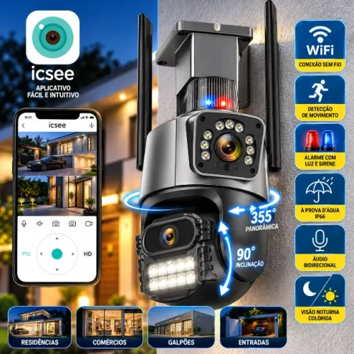 Câmera de Segurança Externa Wi-Fi 360° Lente Dupla Sirene Visão Noturna iCSee