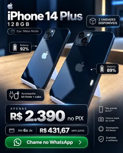 iPhone 14 Plus 128GB Meia-Noite | Bateria 92% e 89% | Parcelo em até 18x