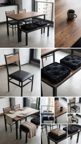 Mesa Retangular Estilo Industrial Moderno com duas cadeiras e banco