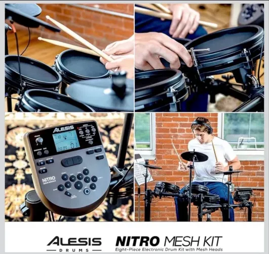 Bateria elétrica Alesis Nitro Mesh com pedal duplo e banco profissional P.D.P