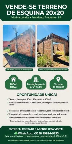 Vendo terreno de esquina 20x20 vila Marcondes