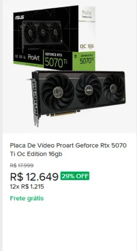 Placa de Vídeo ASUS GeForce RTX 5070 Ti ProArt OC 16GB GDDR7 256 bit - PROART-RTX5070TI-O1