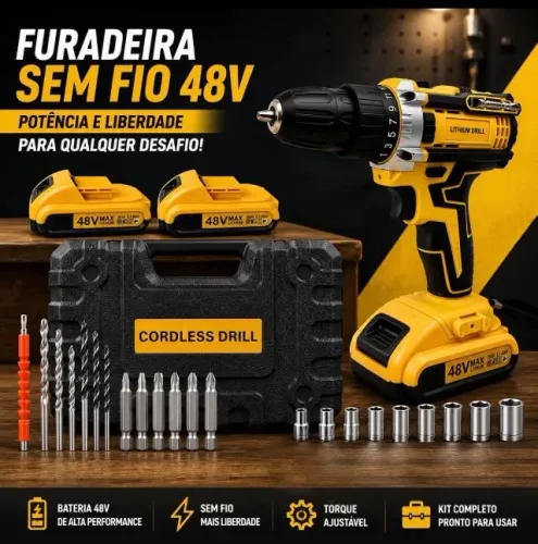 ? Furadeira Parafusadeira Sem Fio 48V Profissional + Kit Completo com Maleta