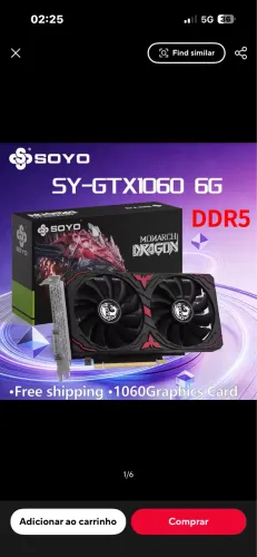 Placa de video SOYO NVIDIA GTX1060 6G GDDR5 com Memória AMD Ryzen 192Bit,DP/HDMI/DVI