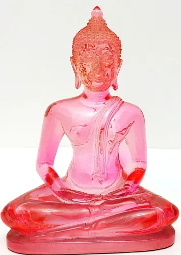 Estatueta Buda Poliresina Cor Rosa Translúcida- 15 CM