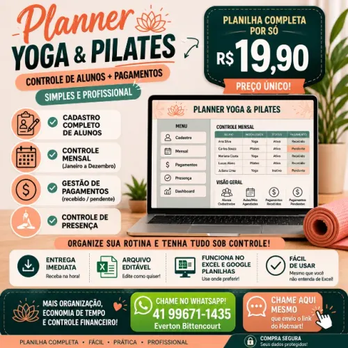 Planner Yoga & Pilates + Controle de Alunos e Pagamentos