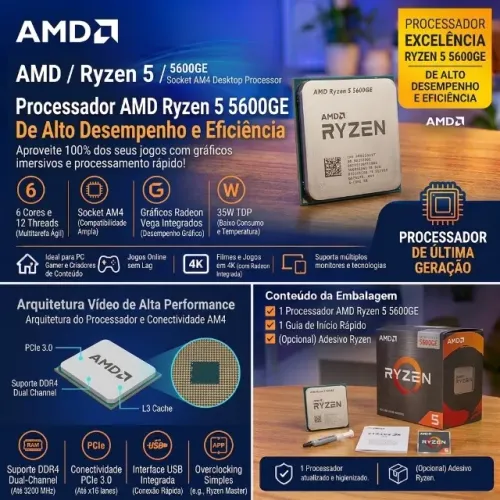 PROCESSADOR AMD RYZEN 5 5600GE - 6 NÚCLEOS / 12 THREADS - SOCKET AM4