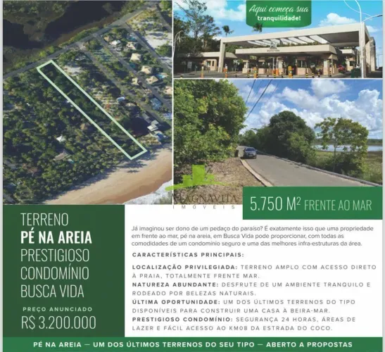 Terreno frente mar à venda em Busca Vida, 5.750m² no Litoral Norte. Camaçari. Últimos lote