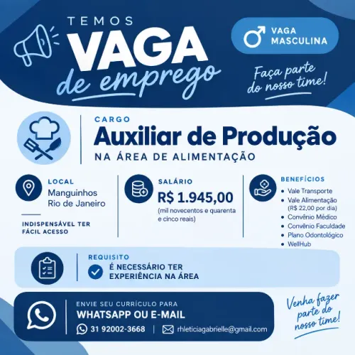 Vaga Auxiliar de Produção (masculino) - Manguinhos / RJ
