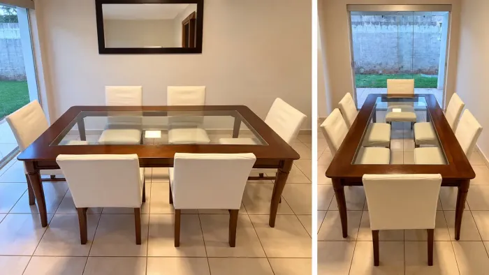 Mesa de Jantar 2,00m Madeira Maciça com Vidro + 6 Cadeiras Tecido Bege com Capas Laváveis
