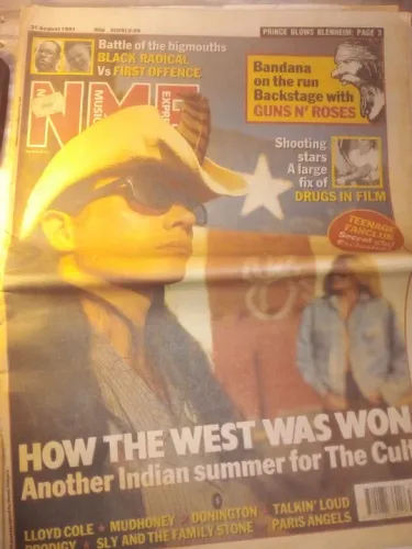 Jornal de música NME agosto de 1991 Guns n Roses The Cult Mudhoney Prodigy