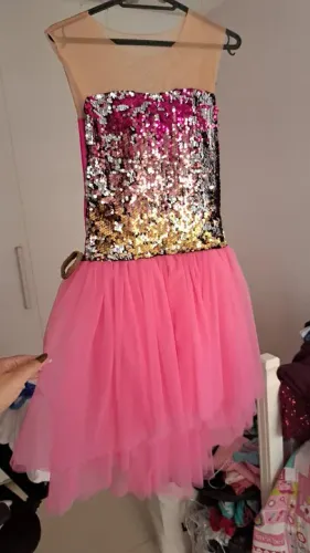 Vestido rosa paete saia de tule 10 anos