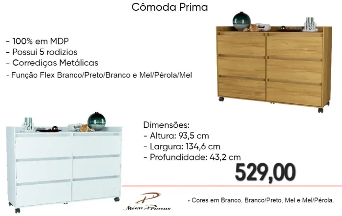 Cômoda Prima 5 Gavetas - Branco/Preto/Branco e Mel/Pérola/Mel