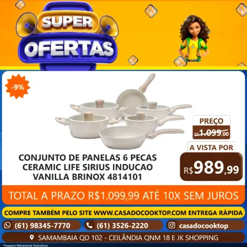 CONJUNTO DE PANELAS 6 PECAS CERAMIC LIFE SIRIUS INDUCAO VANILLA BRINOX 4814101