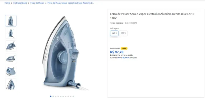Ferro de Passar Seco e Vapor Electrolux Alumínio Denim Blue ESI10 110V - Novo