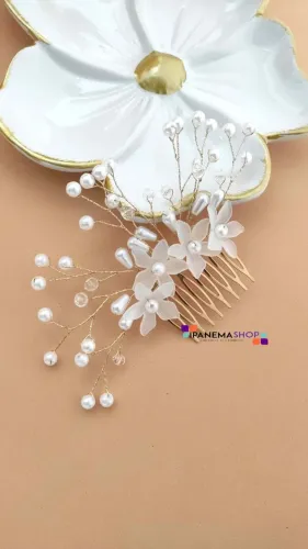 Grinalda Noiva Arranjo de Cabelo Flores e Pérolas Casamento Civil ou Religioso