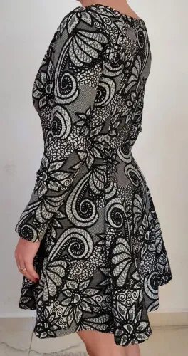 Vestido manga longa para o inverno, tecido estruturado estampado vintage