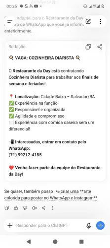 Vaga Cozinheira ou Cozinheiro 