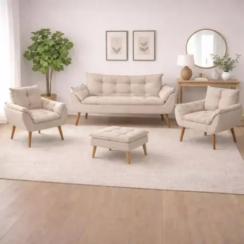 OFERTA - Kit Sofá 2 lugares com Puff + 02 Poltronas