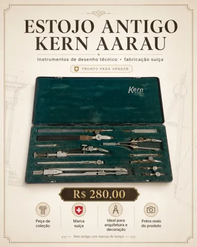 Estojo Antigo Kern Aarau Suíço de Compassos e Instrumentos de Desenho Técnico